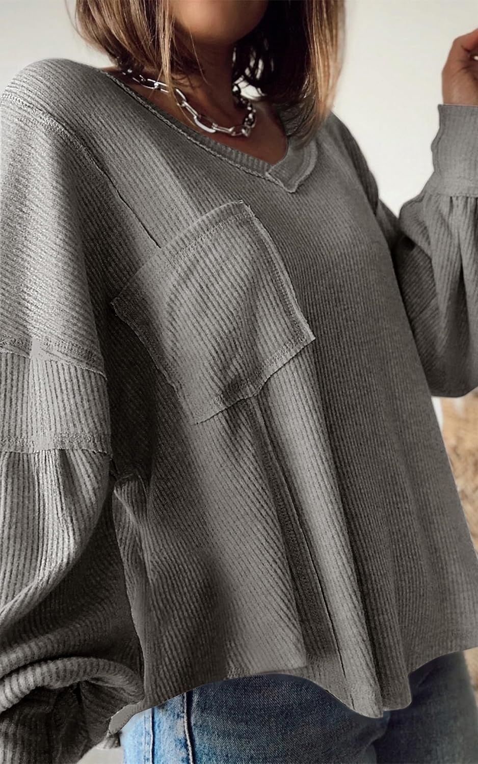 image:imageBTFBM Long Sleeve Shirts for Women 2026 Fall TopsSolid Grey