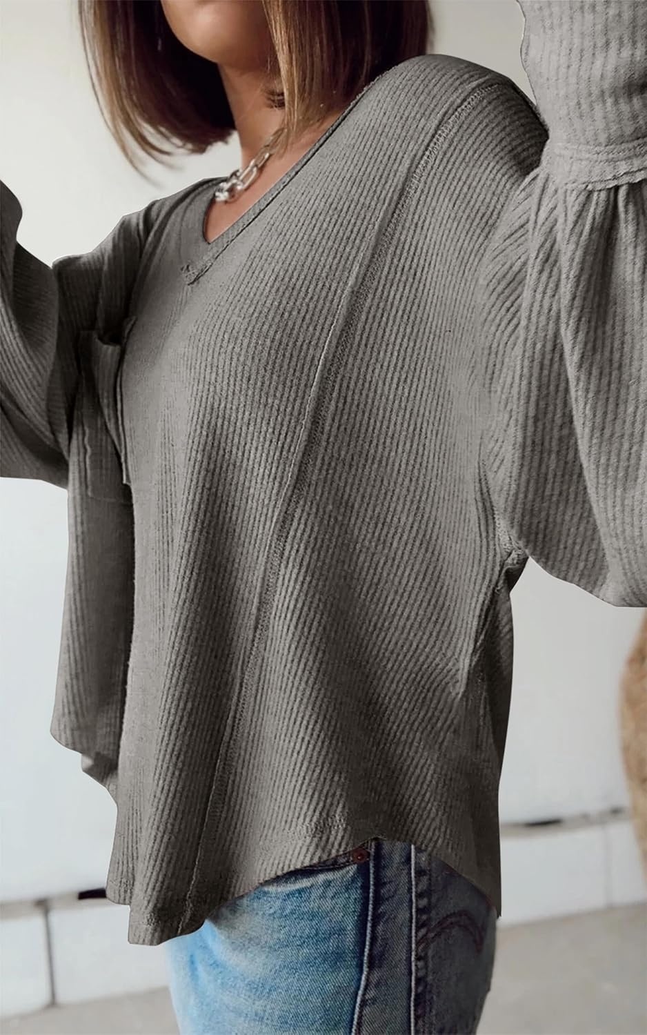 image:imageBTFBM Long Sleeve Shirts for Women 2026 Fall TopsSolid Grey