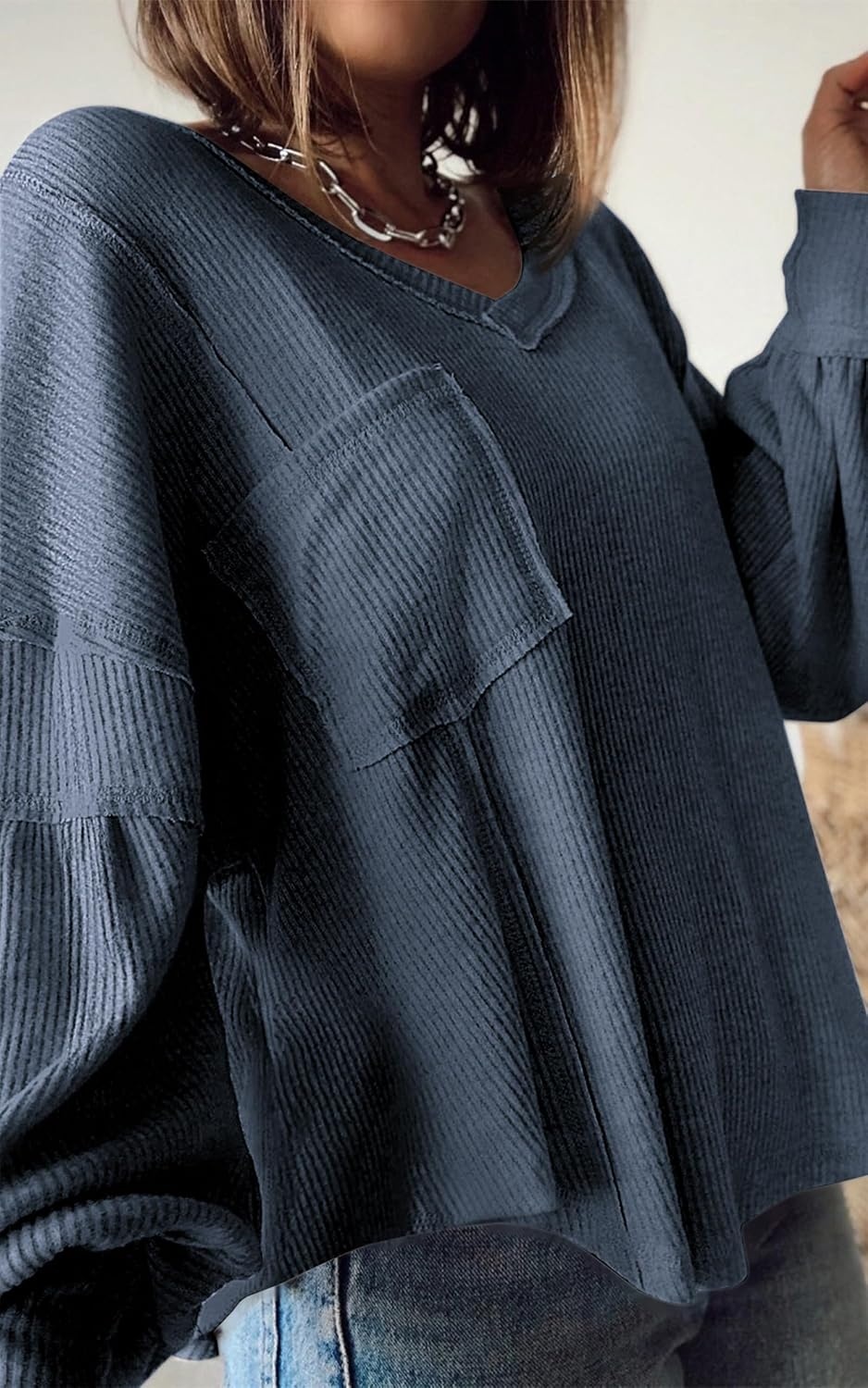 image:imageBTFBM Long Sleeve Shirts for Women 2026 Fall TopsSolid Light Grey Blue
