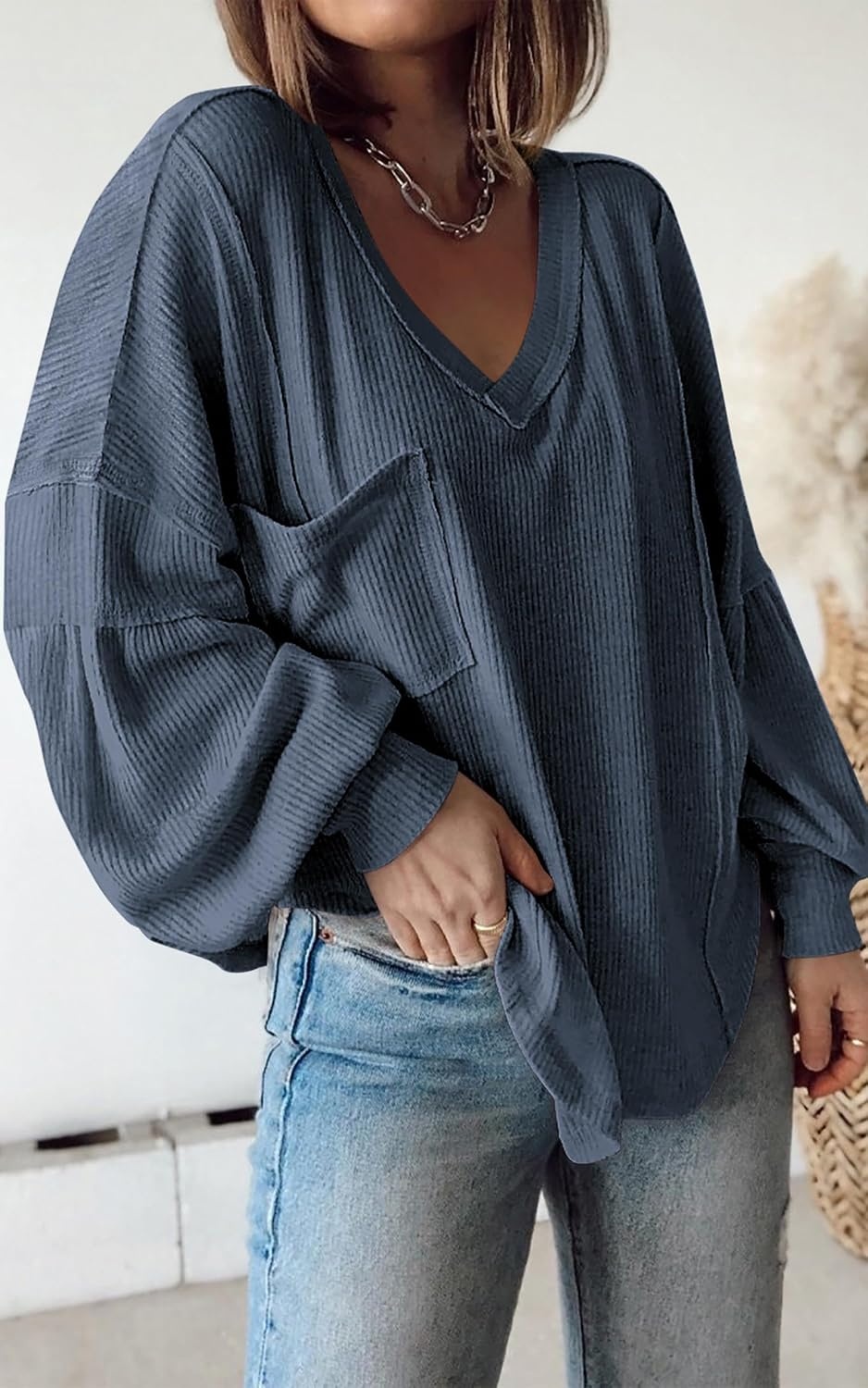 image:imageBTFBM Long Sleeve Shirts for Women 2026 Fall TopsSolid Light Grey Blue