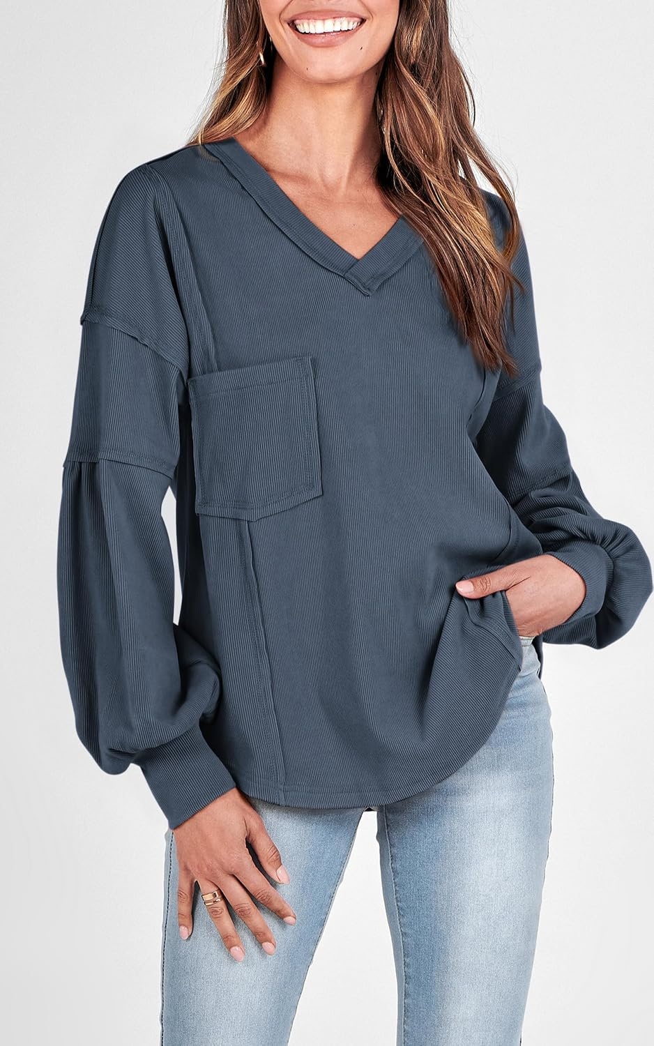 image:imageBTFBM Long Sleeve Shirts for Women 2026 Fall TopsSolid Light Grey Blue