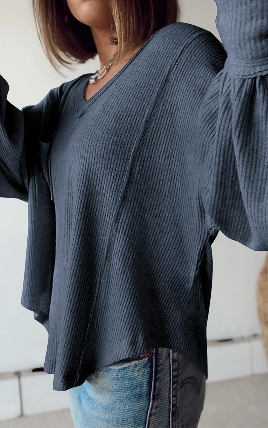 image:imageBTFBM Long Sleeve Shirts for Women 2026 Fall TopsSolid Light Grey Blue