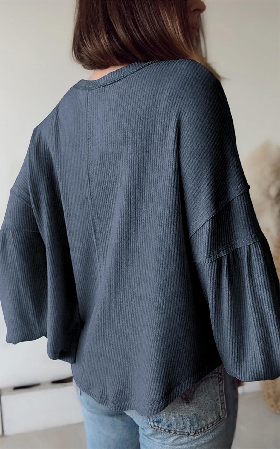 image:imageBTFBM Long Sleeve Shirts for Women 2026 Fall TopsSolid Light Grey Blue