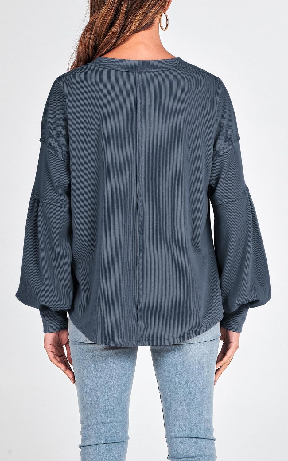 image:imageBTFBM Long Sleeve Shirts for Women 2026 Fall TopsSolid Light Grey Blue