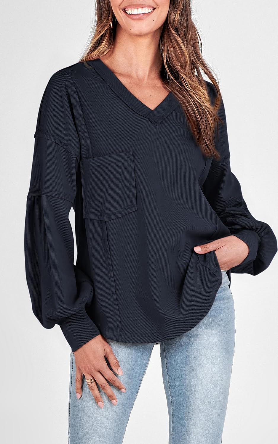 image:imageBTFBM Long Sleeve Shirts for Women 2026 Fall TopsSolid Navy