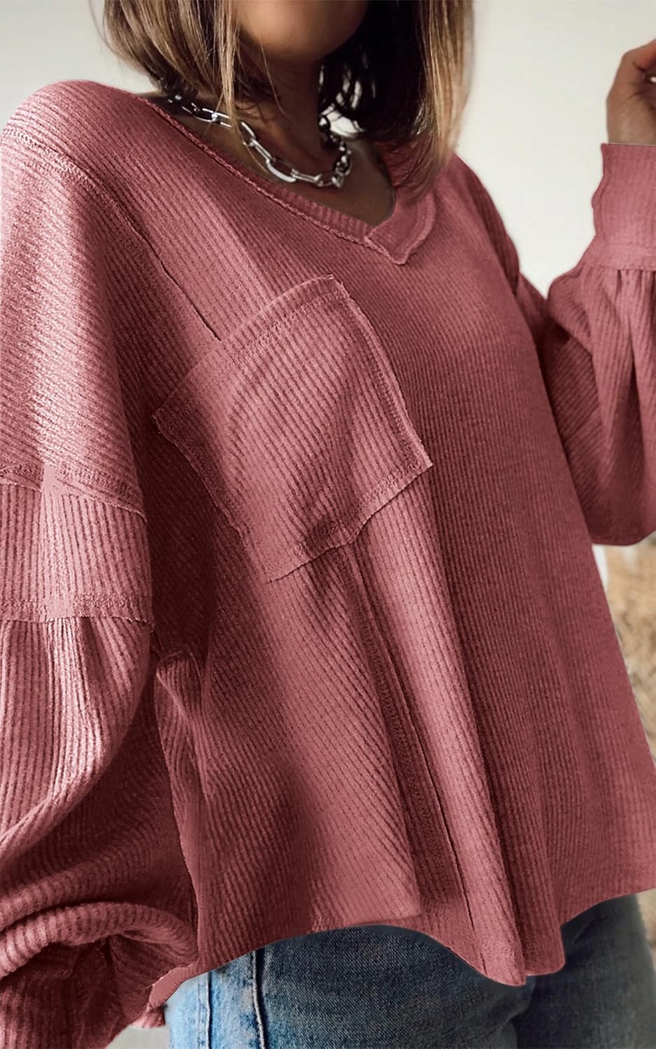 image:imageBTFBM Long Sleeve Shirts for Women 2026 Fall TopsSolid Pink