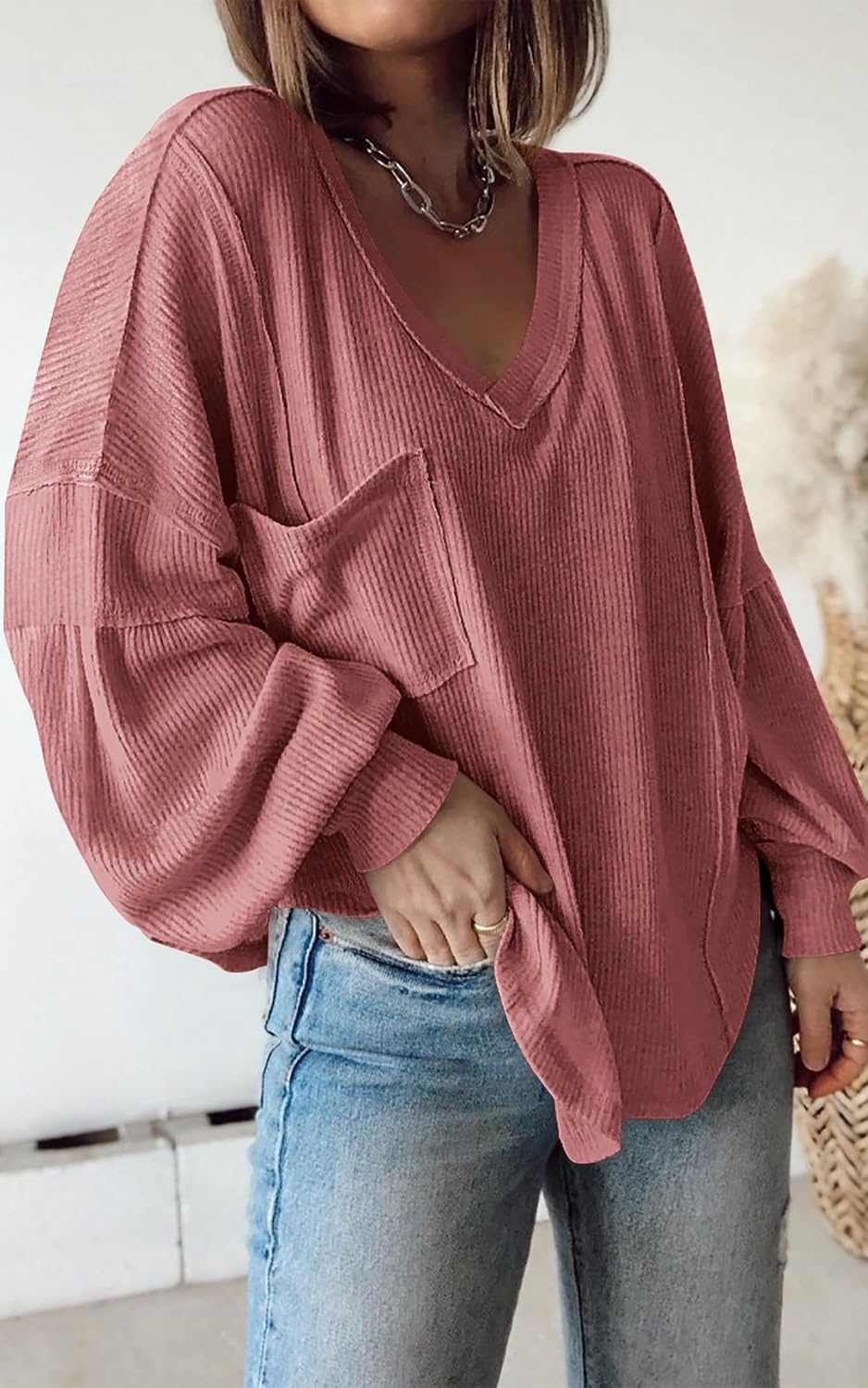 image:imageBTFBM Long Sleeve Shirts for Women 2026 Fall TopsSolid Pink