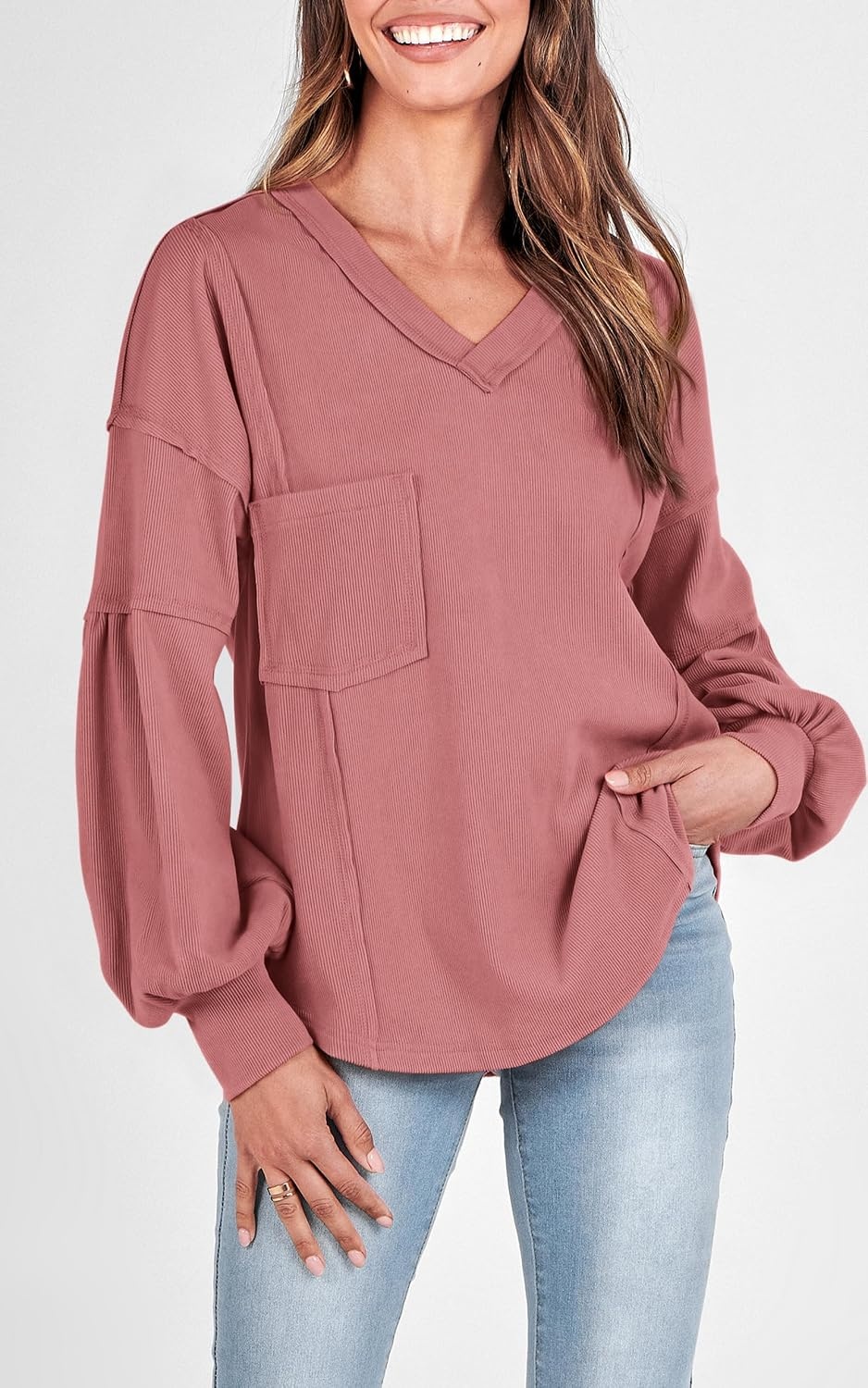 image:imageBTFBM Long Sleeve Shirts for Women 2026 Fall TopsSolid Pink