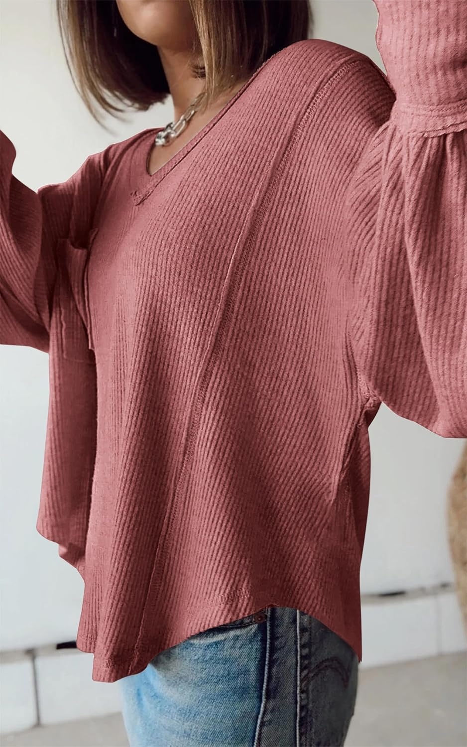 image:imageBTFBM Long Sleeve Shirts for Women 2026 Fall TopsSolid Pink