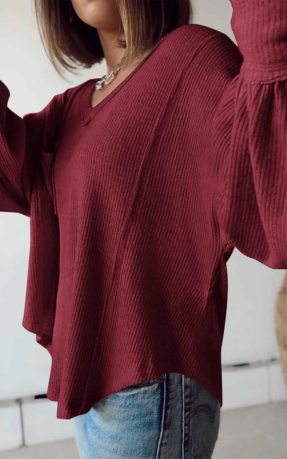 image:imageBTFBM Long Sleeve Shirts for Women 2026 Fall TopsSolid Wine Red