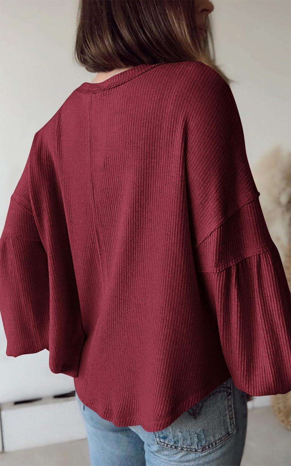 image:imageBTFBM Long Sleeve Shirts for Women 2026 Fall TopsSolid Wine Red