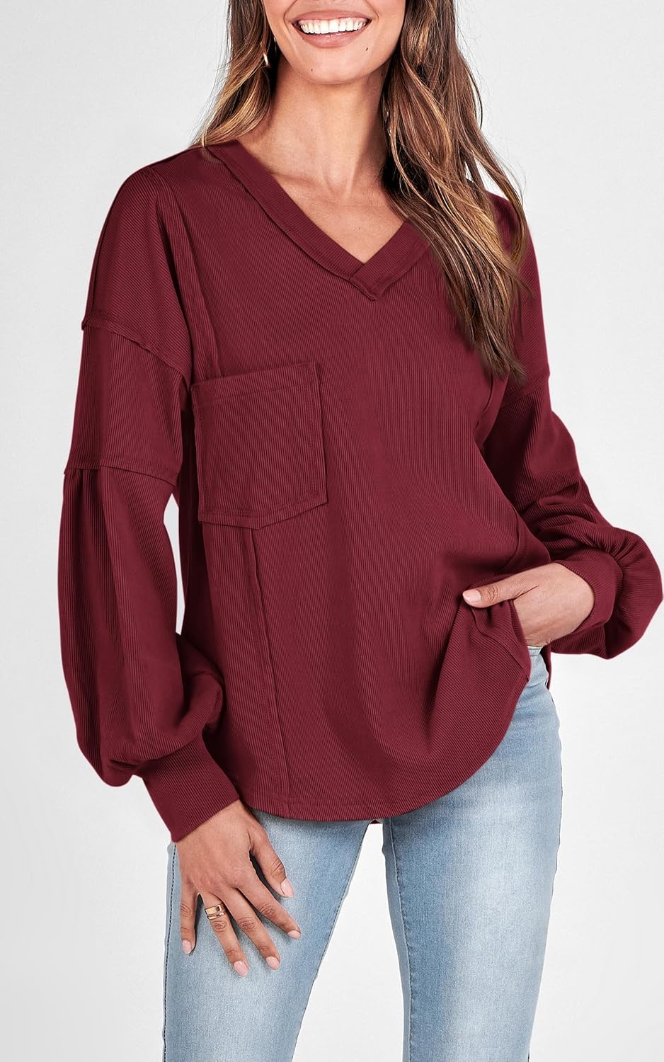 image:imageBTFBM Long Sleeve Shirts for Women 2026 Fall TopsSolid Wine Red