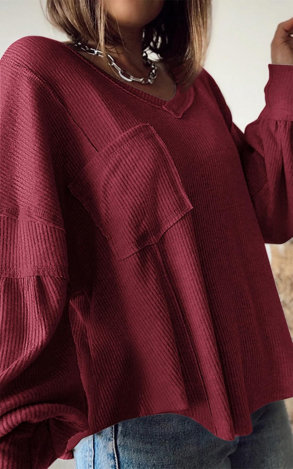 image:imageBTFBM Long Sleeve Shirts for Women 2026 Fall TopsSolid Wine Red