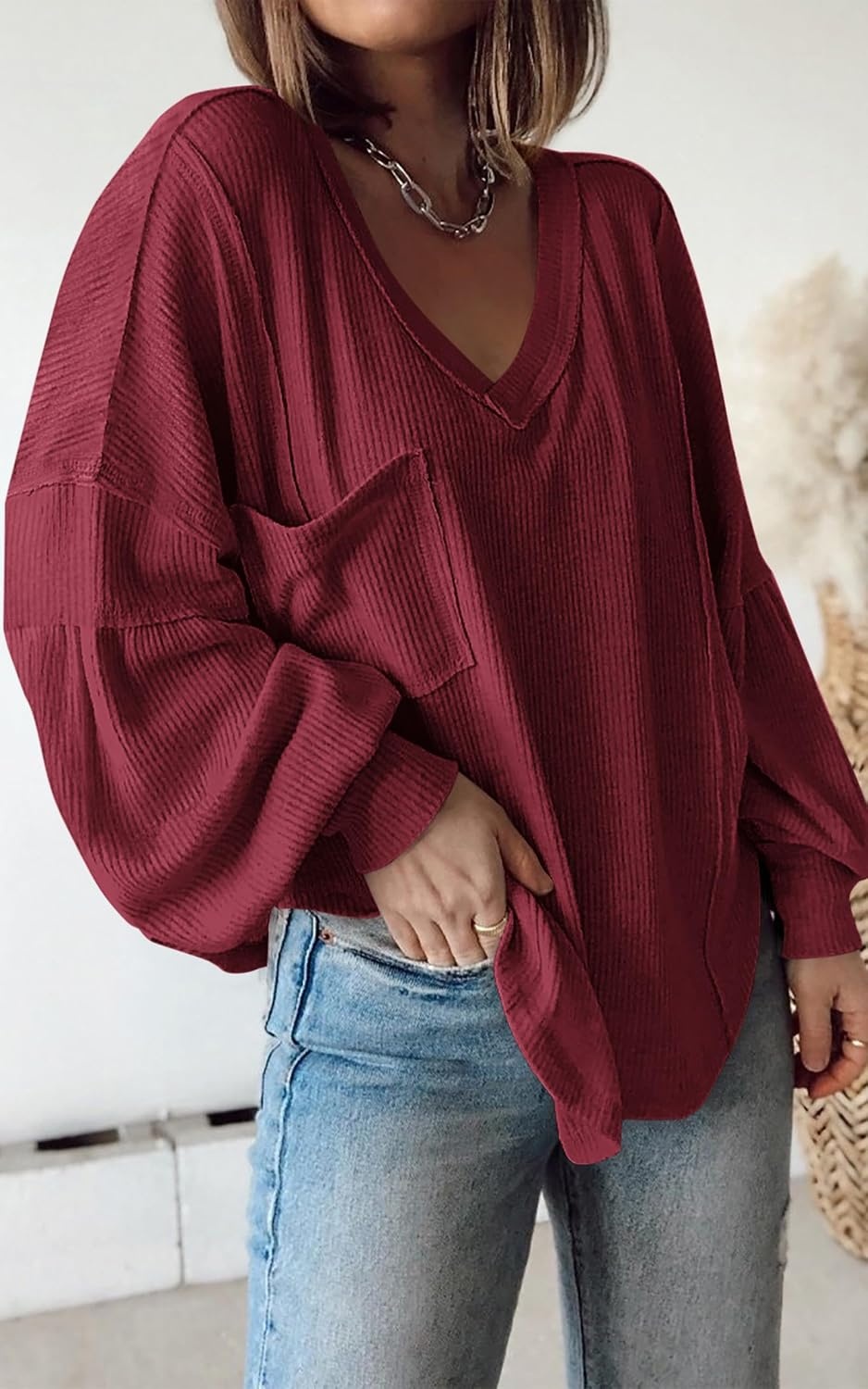 image:imageBTFBM Long Sleeve Shirts for Women 2026 Fall TopsSolid Wine Red