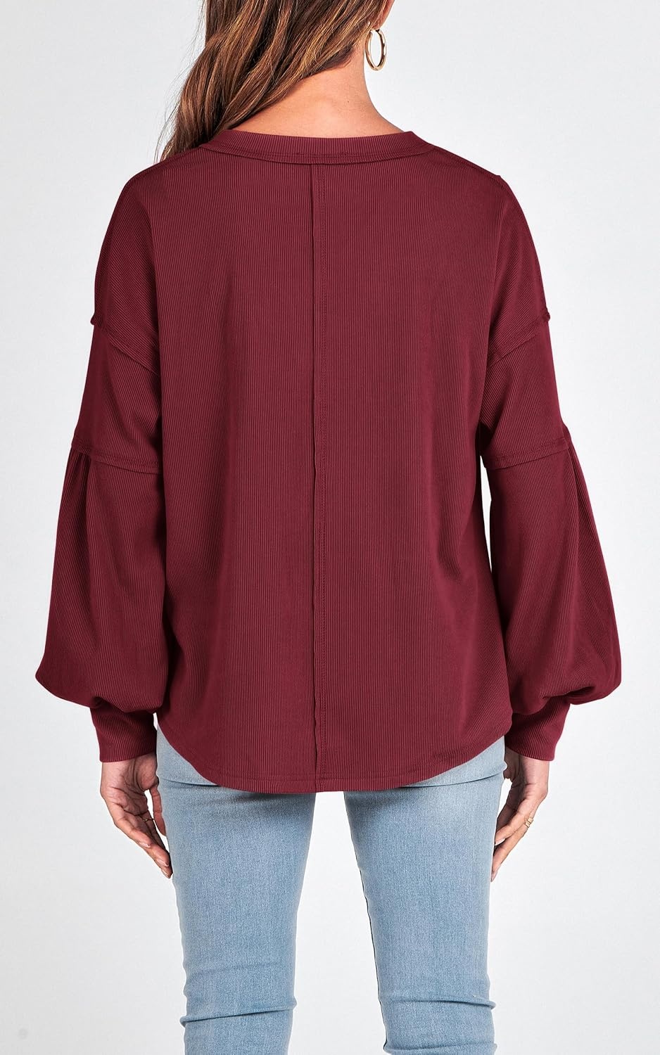 image:imageBTFBM Long Sleeve Shirts for Women 2026 Fall TopsSolid Wine Red