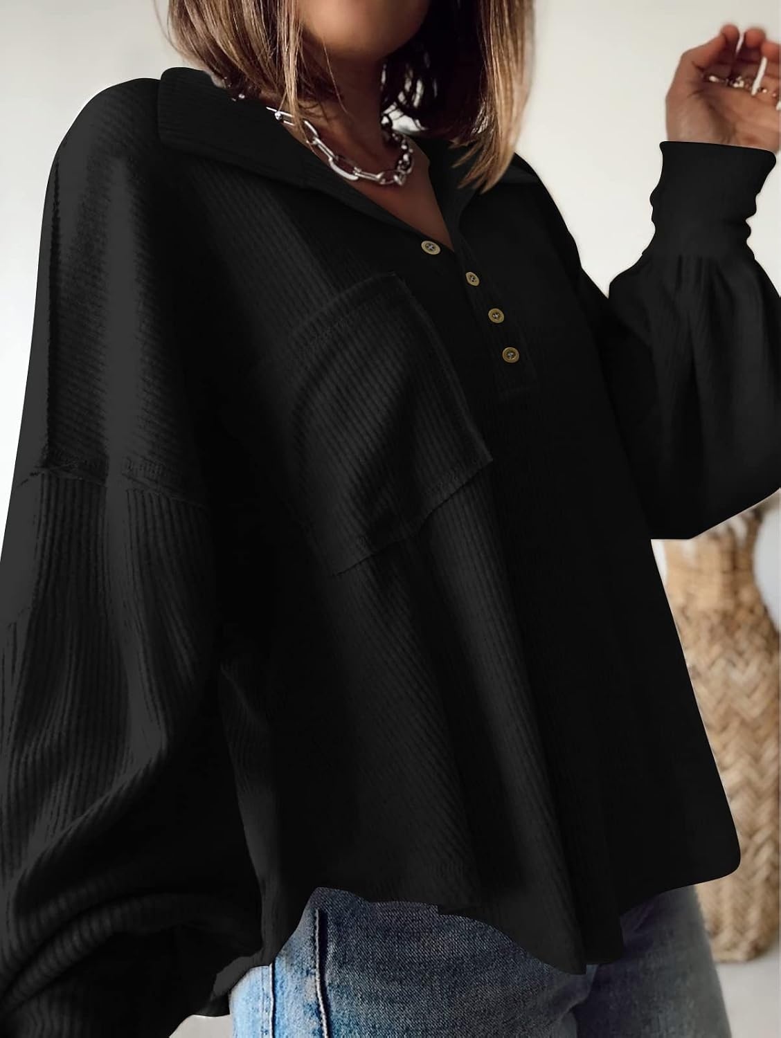 image:imageBTFBM Long Sleeve Shirts for Women 2026 Fall TopsTurndown Black
