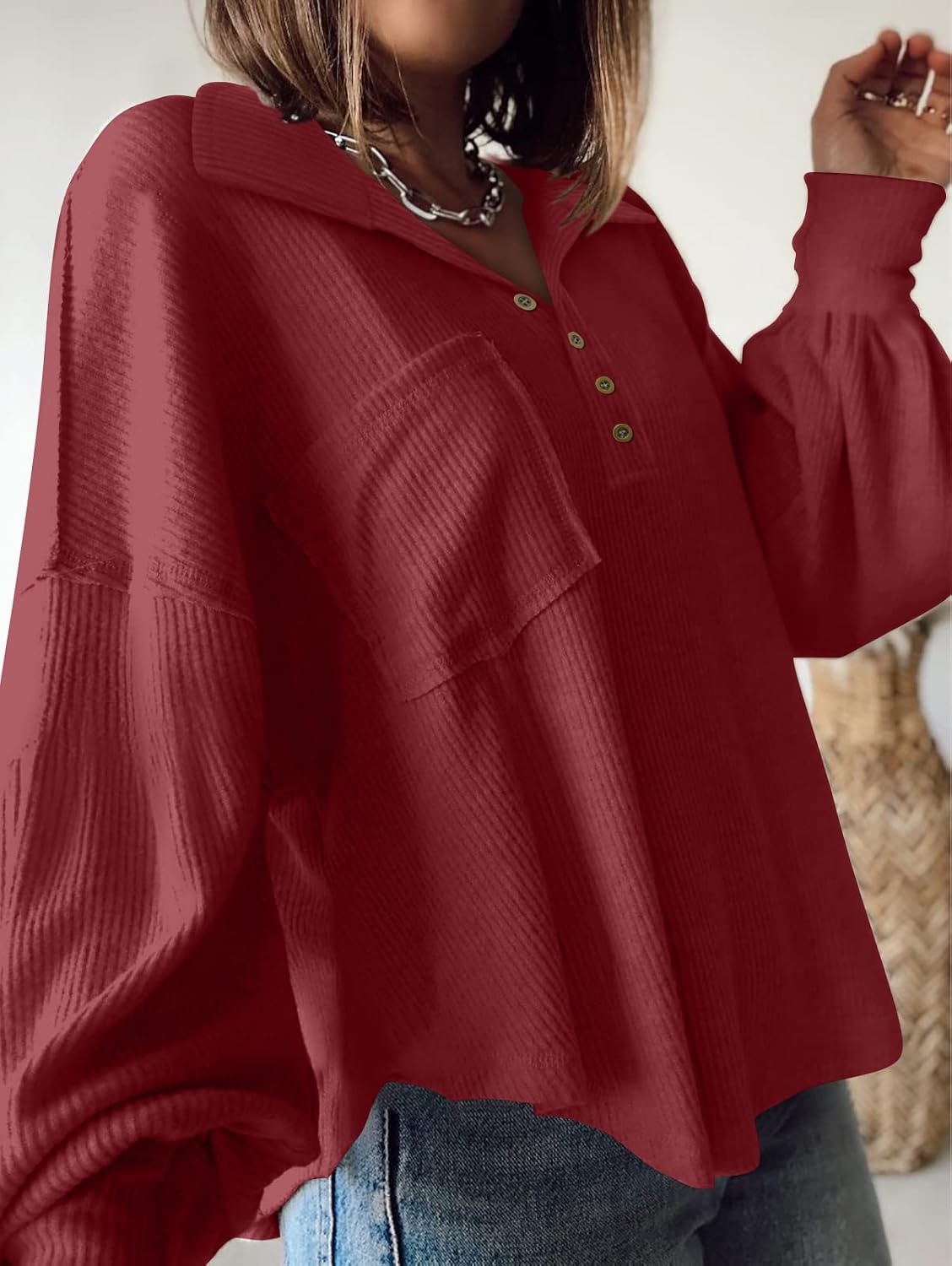 image:imageBTFBM Long Sleeve Shirts for Women 2026 Fall TopsTurndown Wine Red