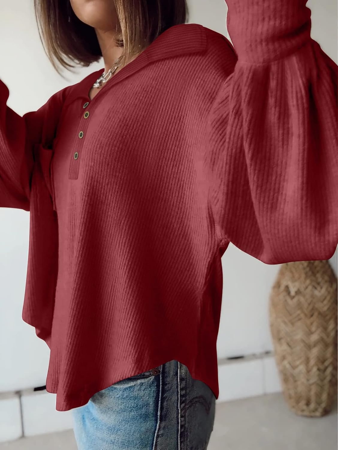 image:imageBTFBM Long Sleeve Shirts for Women 2026 Fall TopsTurndown Wine Red