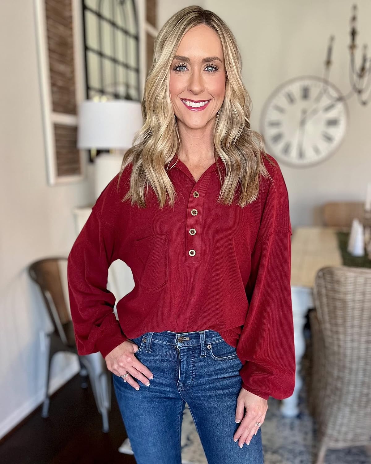 image:imageBTFBM Long Sleeve Shirts for Women 2026 Fall TopsTurndown Wine Red