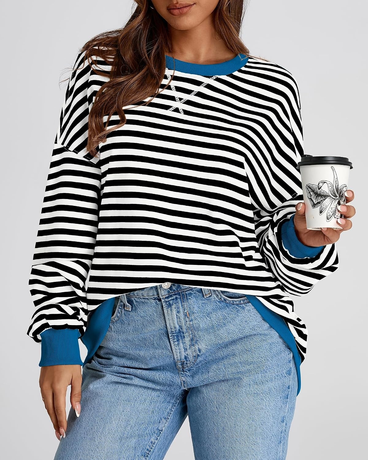 image:imageBTFBM Oversized Sweatshirt For Women 2026 FallBlack White