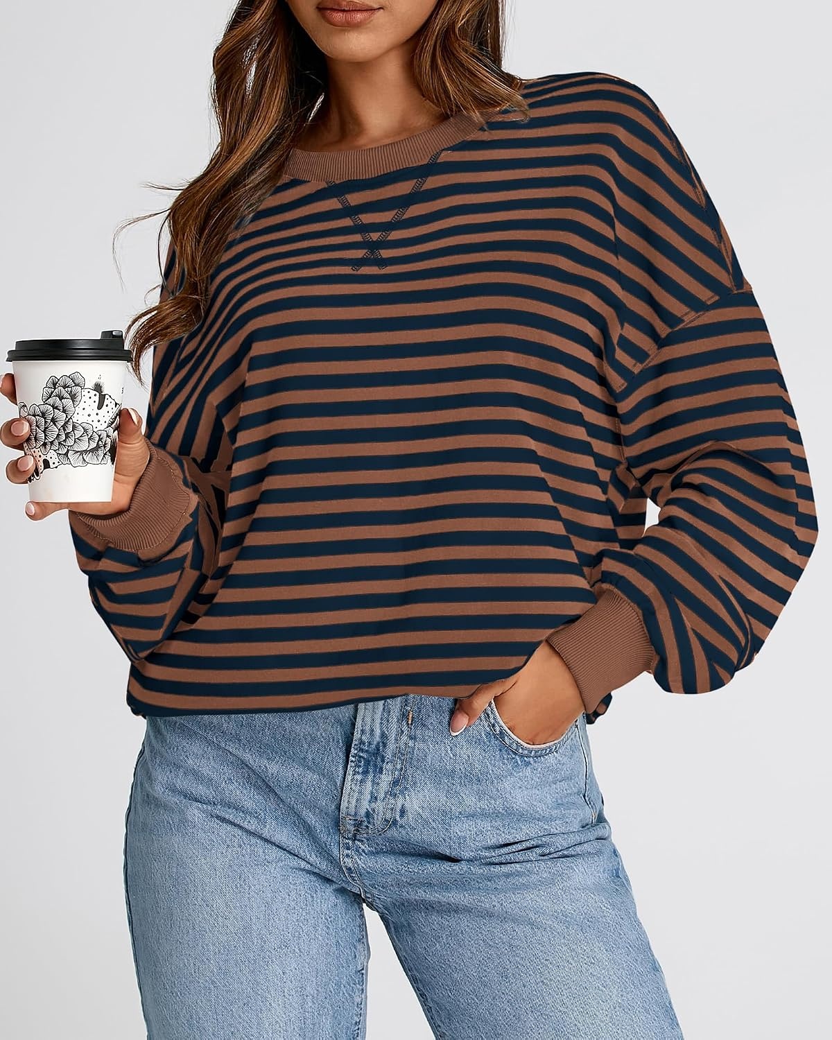 image:imageBTFBM Oversized Sweatshirt For Women 2026 FallBrown Navy