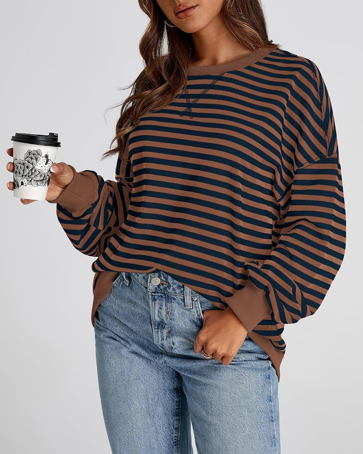 image:imageBTFBM Oversized Sweatshirt For Women 2026 FallBrown Navy