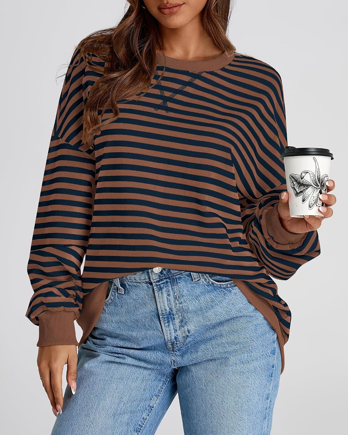 image:imageBTFBM Oversized Sweatshirt For Women 2026 FallBrown Navy