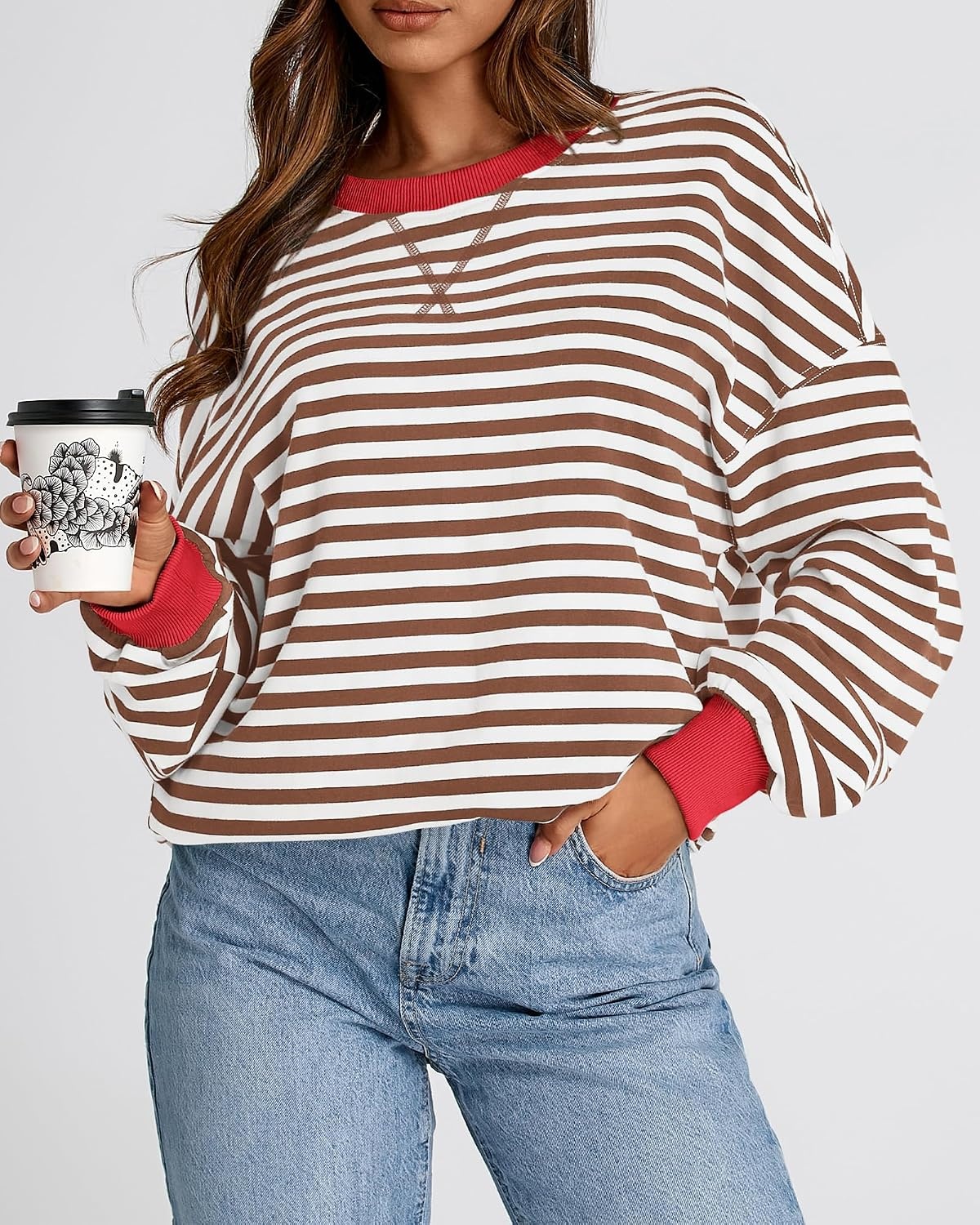 image:imageBTFBM Oversized Sweatshirt For Women 2026 FallBrown White