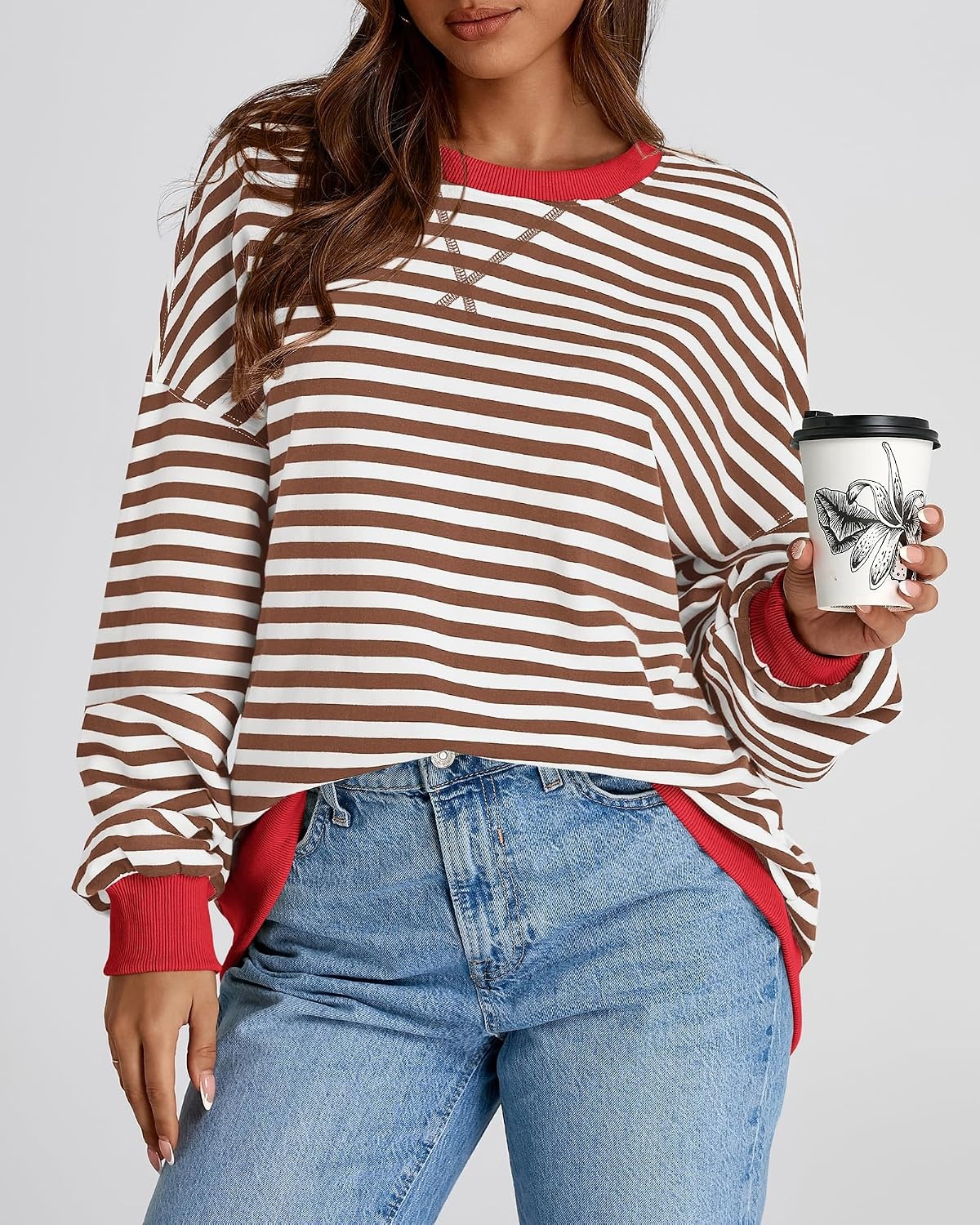 image:imageBTFBM Oversized Sweatshirt For Women 2026 FallBrown White