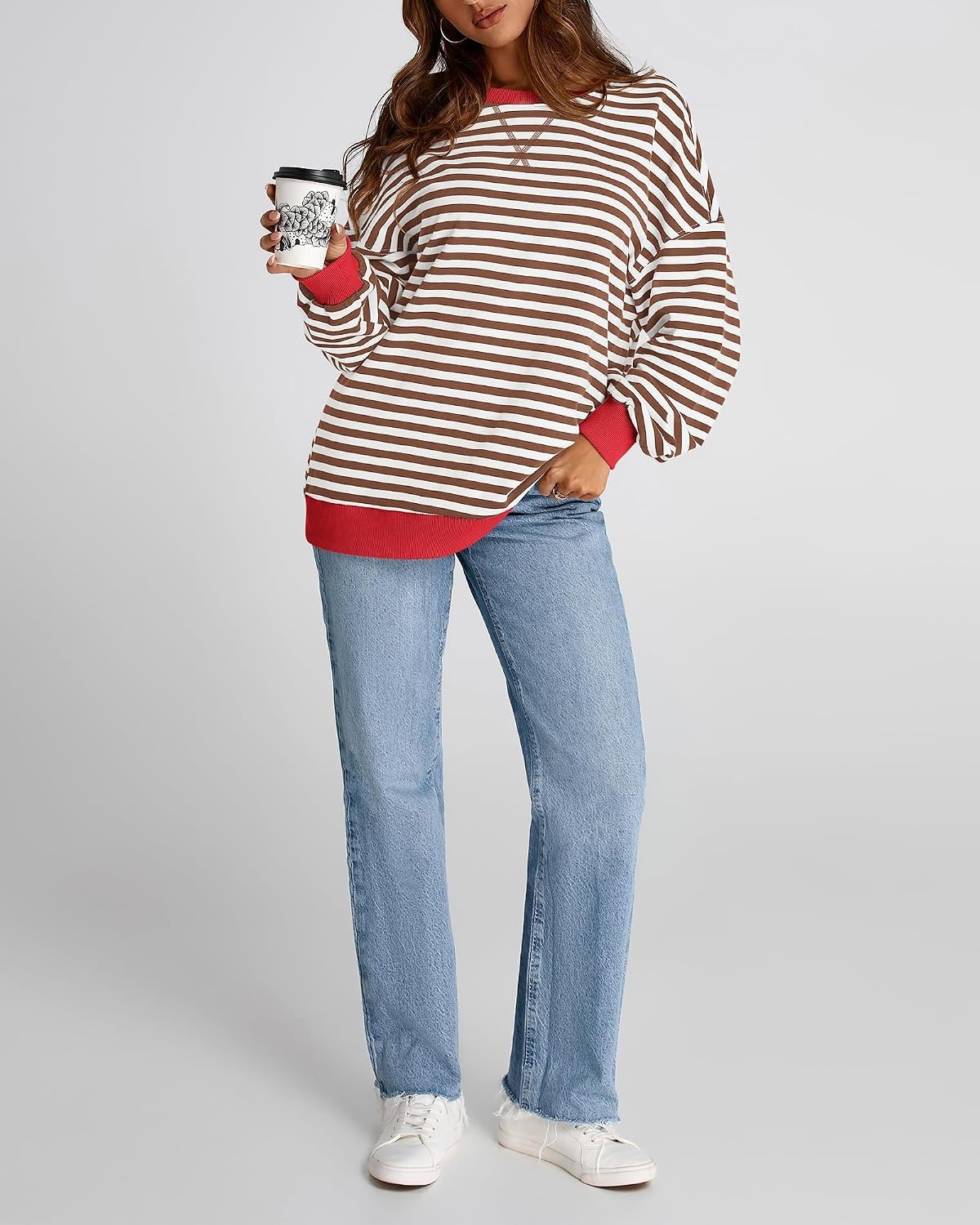 image:imageBTFBM Oversized Sweatshirt For Women 2026 FallBrown White