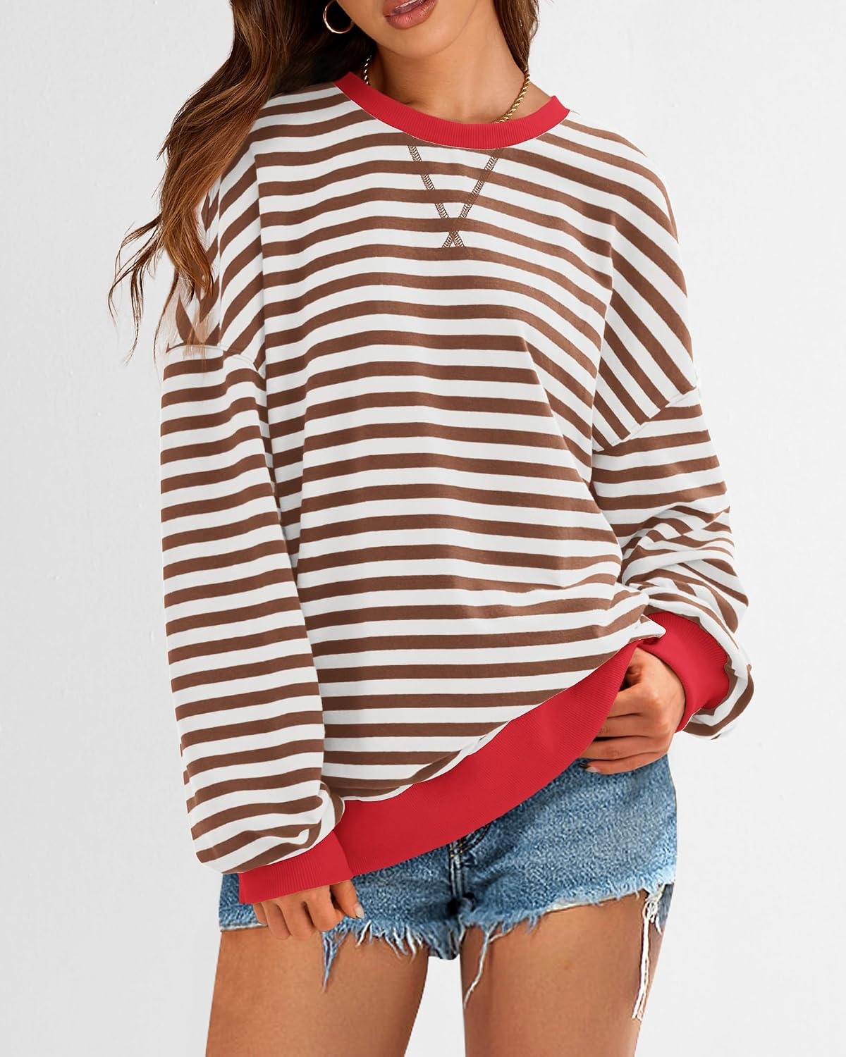 image:imageBTFBM Oversized Sweatshirt For Women 2026 FallBrown White