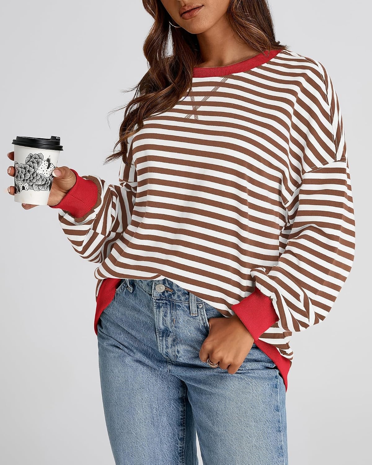 image:imageBTFBM Oversized Sweatshirt For Women 2026 FallBrown White