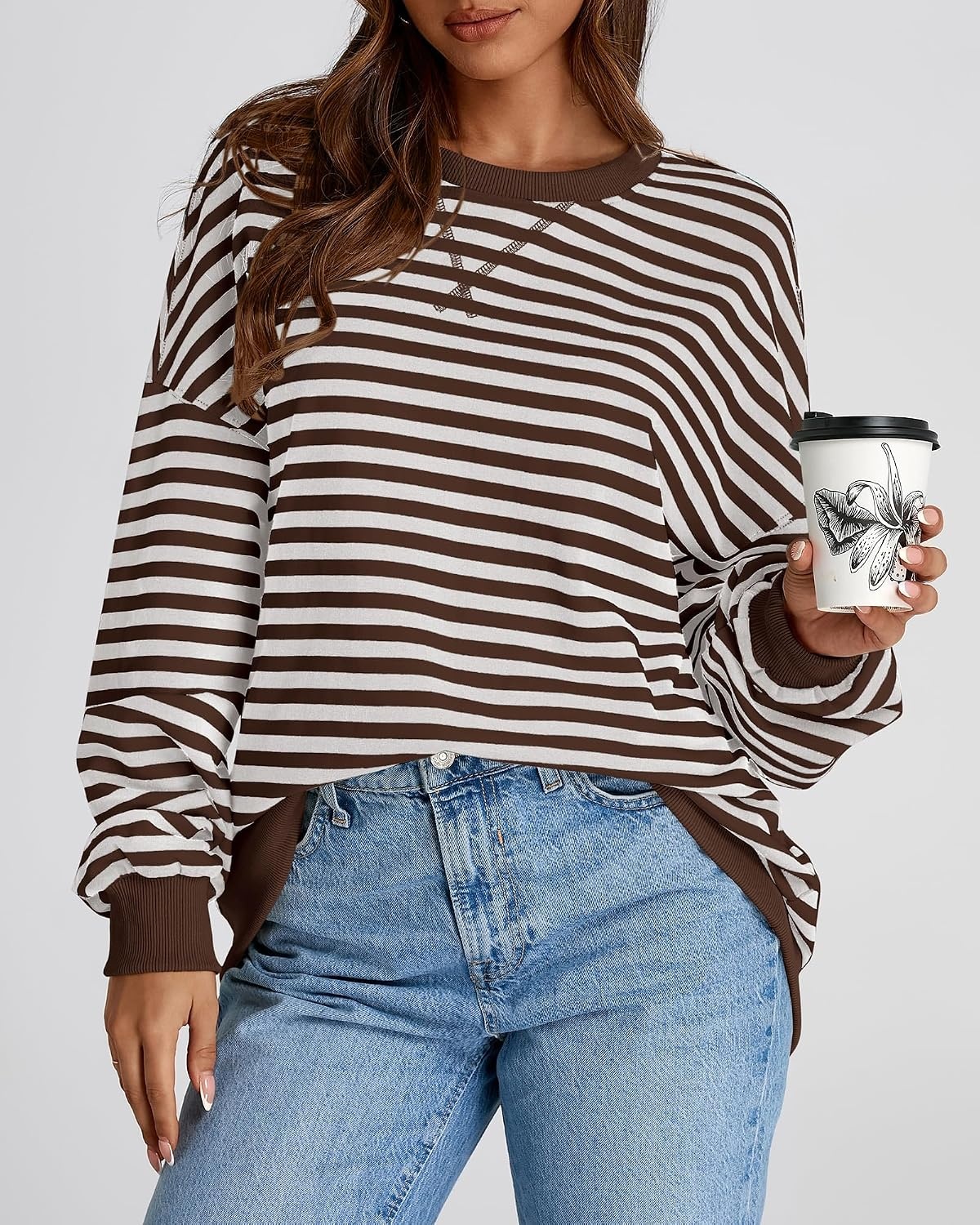image:imageBTFBM Oversized Sweatshirt For Women 2026 FallGrey Brown