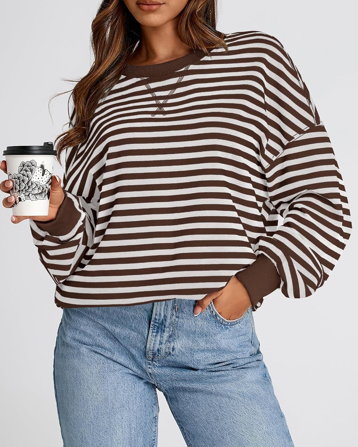 image:imageBTFBM Oversized Sweatshirt For Women 2026 FallGrey Brown