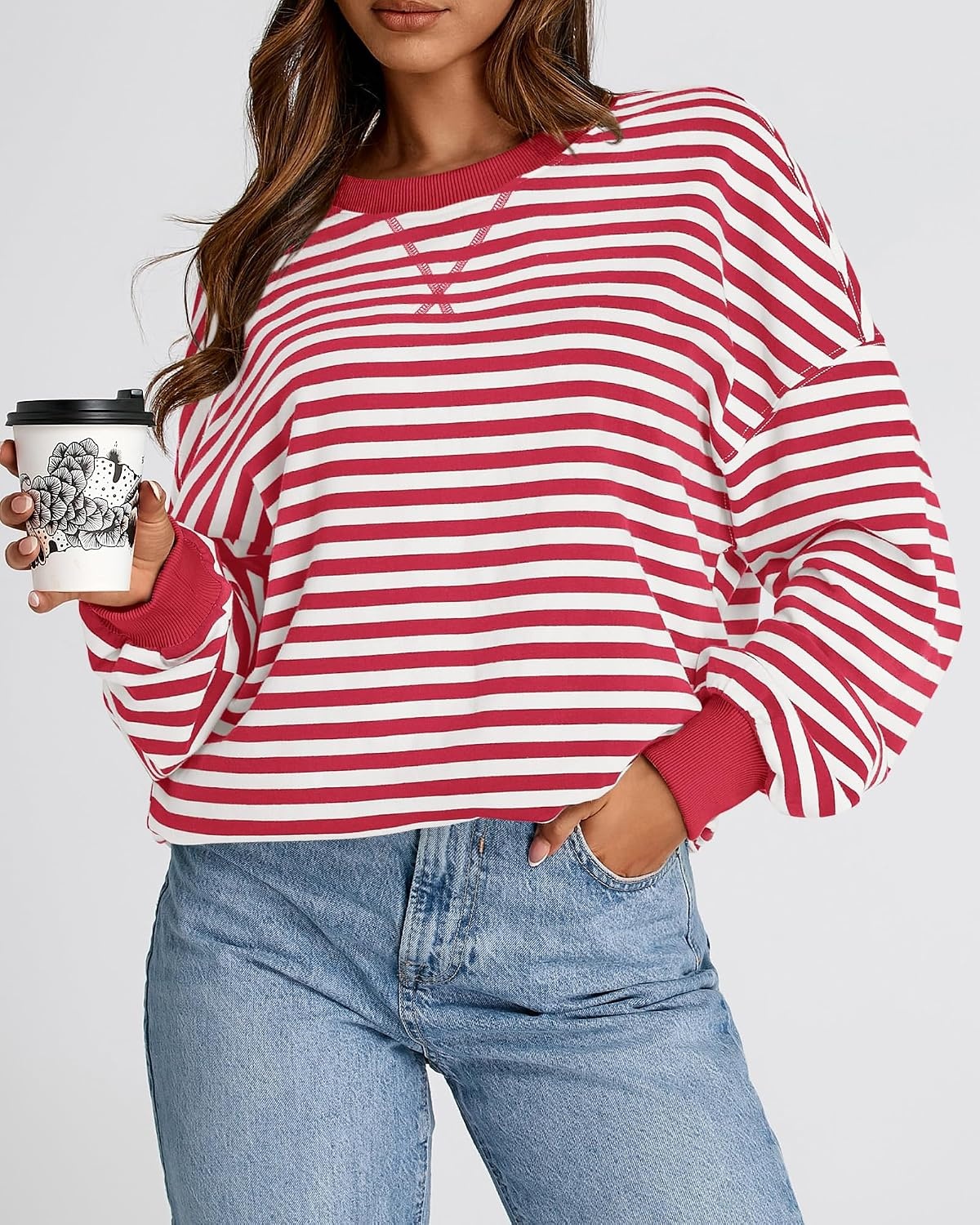 image:imageBTFBM Oversized Sweatshirt For Women 2026 FallRed White