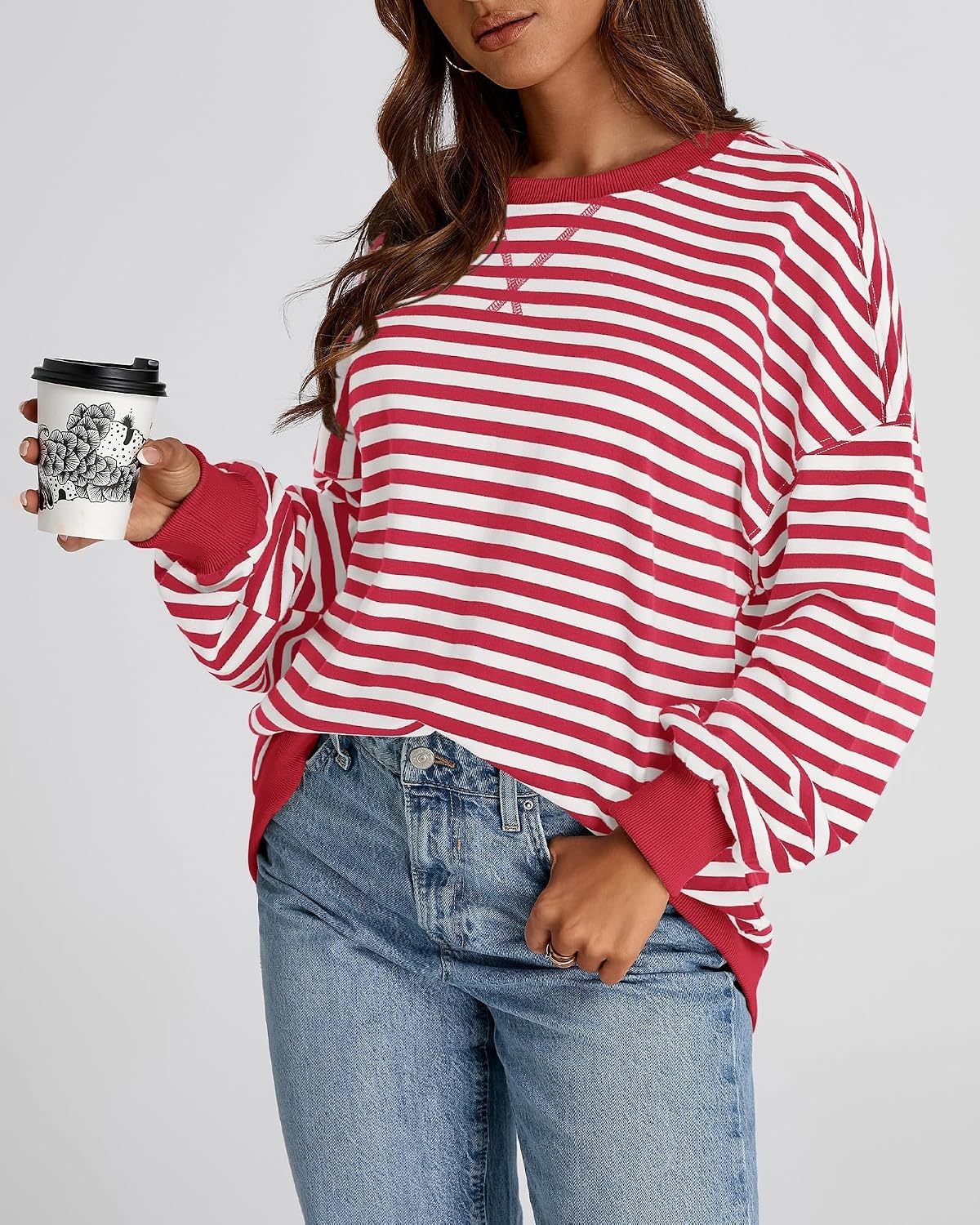 image:imageBTFBM Oversized Sweatshirt For Women 2026 FallRed White