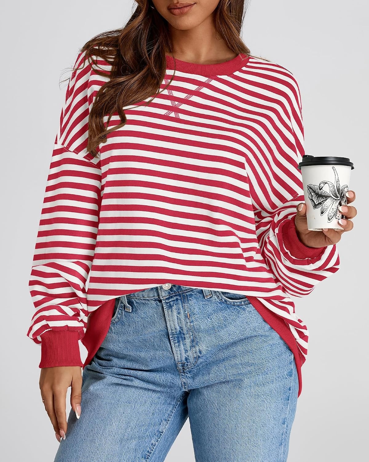 image:imageBTFBM Oversized Sweatshirt For Women 2026 FallRed White
