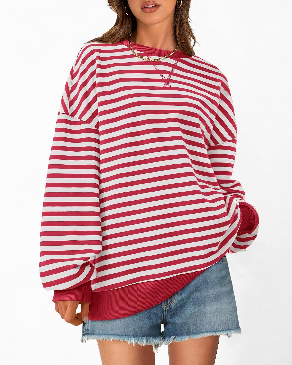 image:imageBTFBM Oversized Sweatshirt For Women 2026 FallRed White