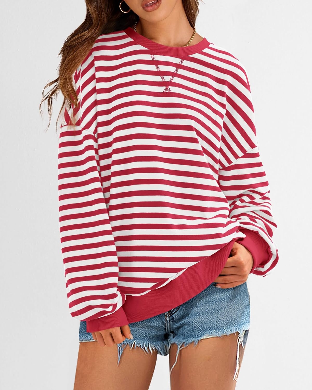 image:imageBTFBM Oversized Sweatshirt For Women 2026 FallRed White