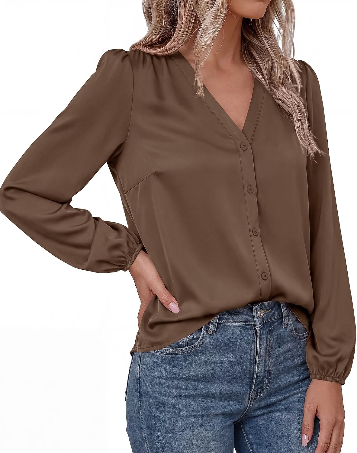 image:imageBTFBM Satin Blouses for Women Dressy Casual Button Down ShirtsBrown