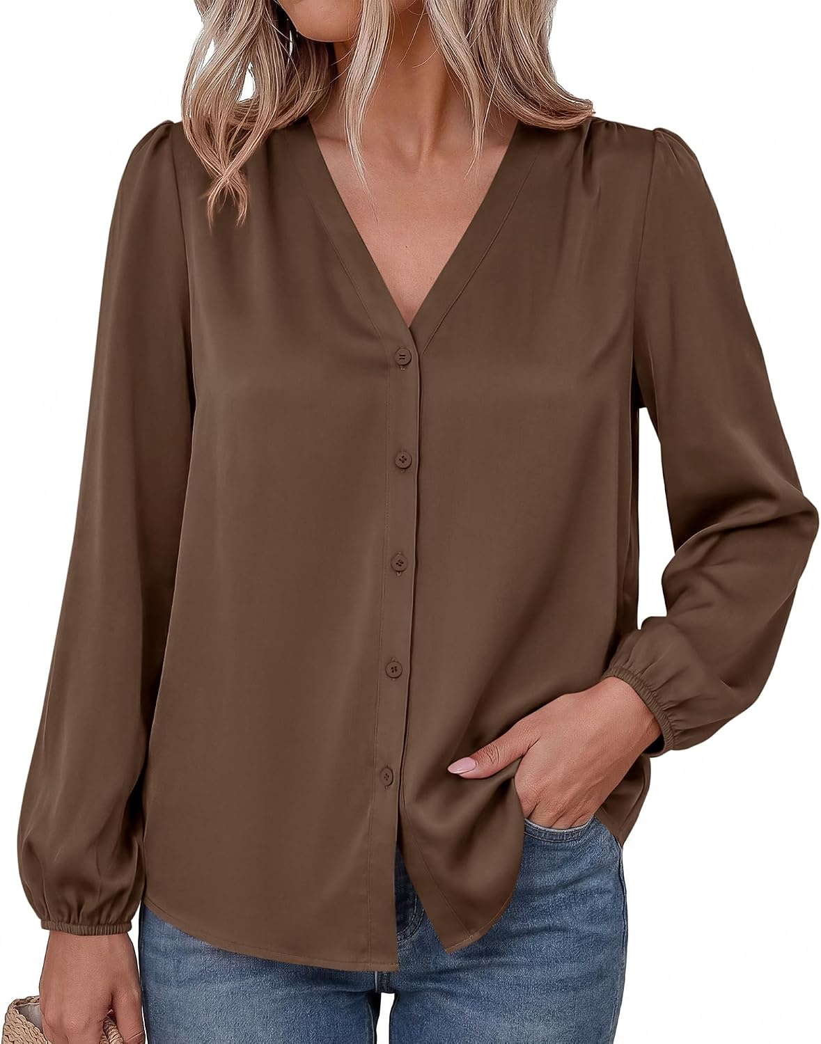 image:imageBTFBM Satin Blouses for Women Dressy Casual Button Down ShirtsBrown