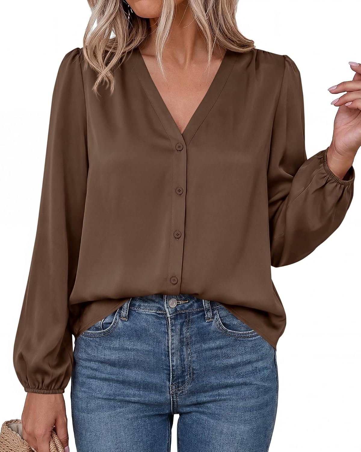 image:imageBTFBM Satin Blouses for Women Dressy Casual Button Down ShirtsBrown
