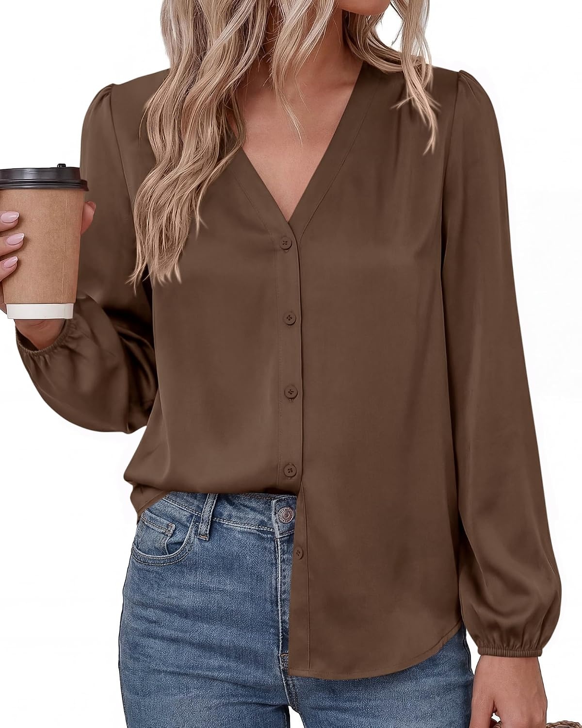 image:imageBTFBM Satin Blouses for Women Dressy Casual Button Down ShirtsBrown