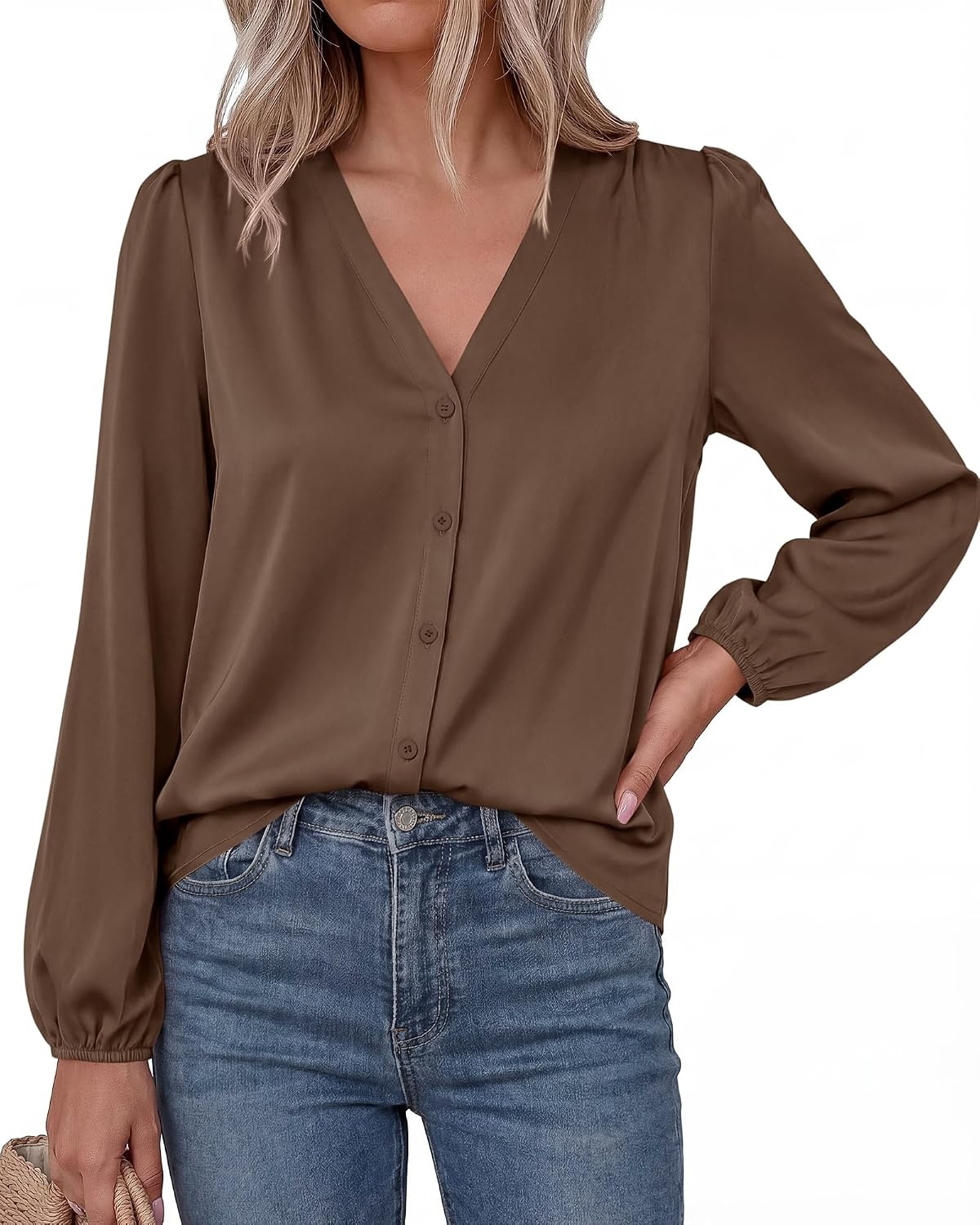 image:imageBTFBM Satin Blouses for Women Dressy Casual Button Down ShirtsBrown