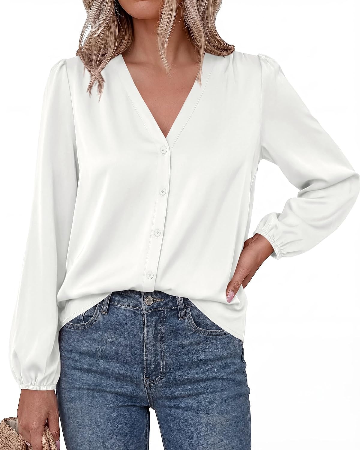 image:imageBTFBM Satin Blouses for Women Dressy Casual Button Down ShirtsWhite