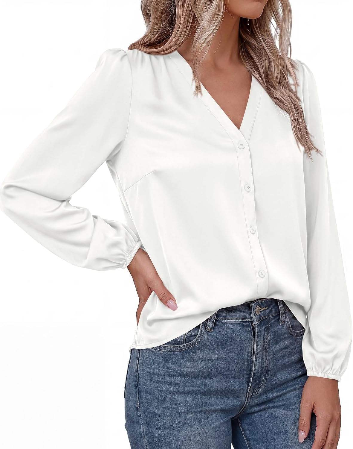 image:imageBTFBM Satin Blouses for Women Dressy Casual Button Down ShirtsWhite