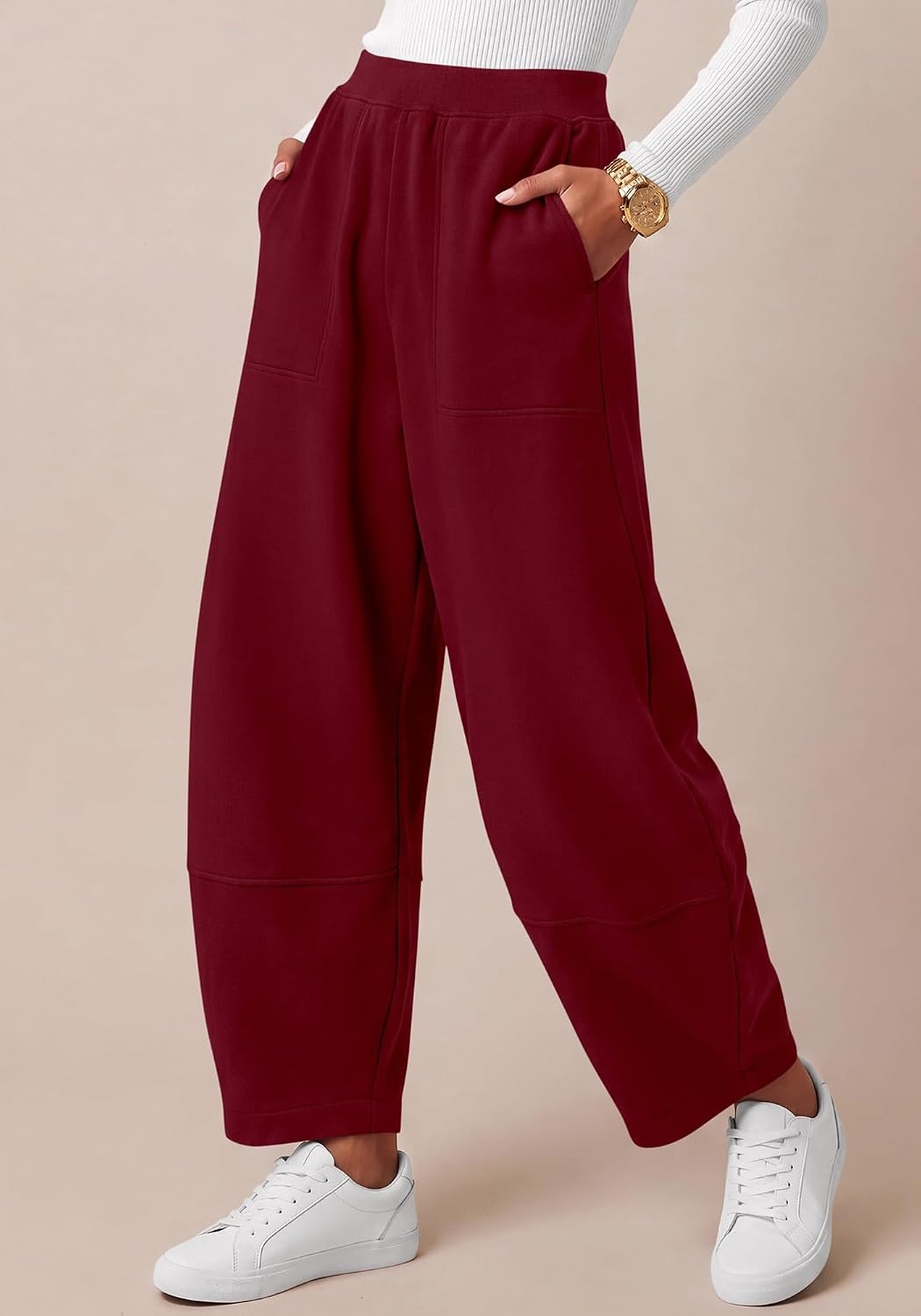 image:imageBTFBM Womens Capri Pants Wide Leg Palazzo Fleece Harem Barrel SweatpantsBurgundy