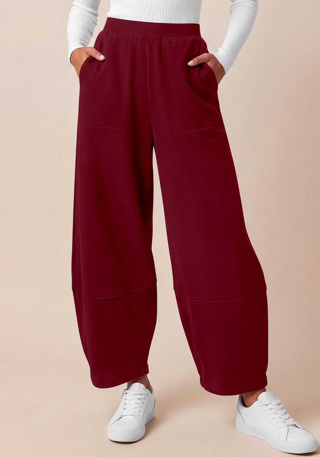 image:imageBTFBM Womens Capri Pants Wide Leg Palazzo Fleece Harem Barrel SweatpantsBurgundy