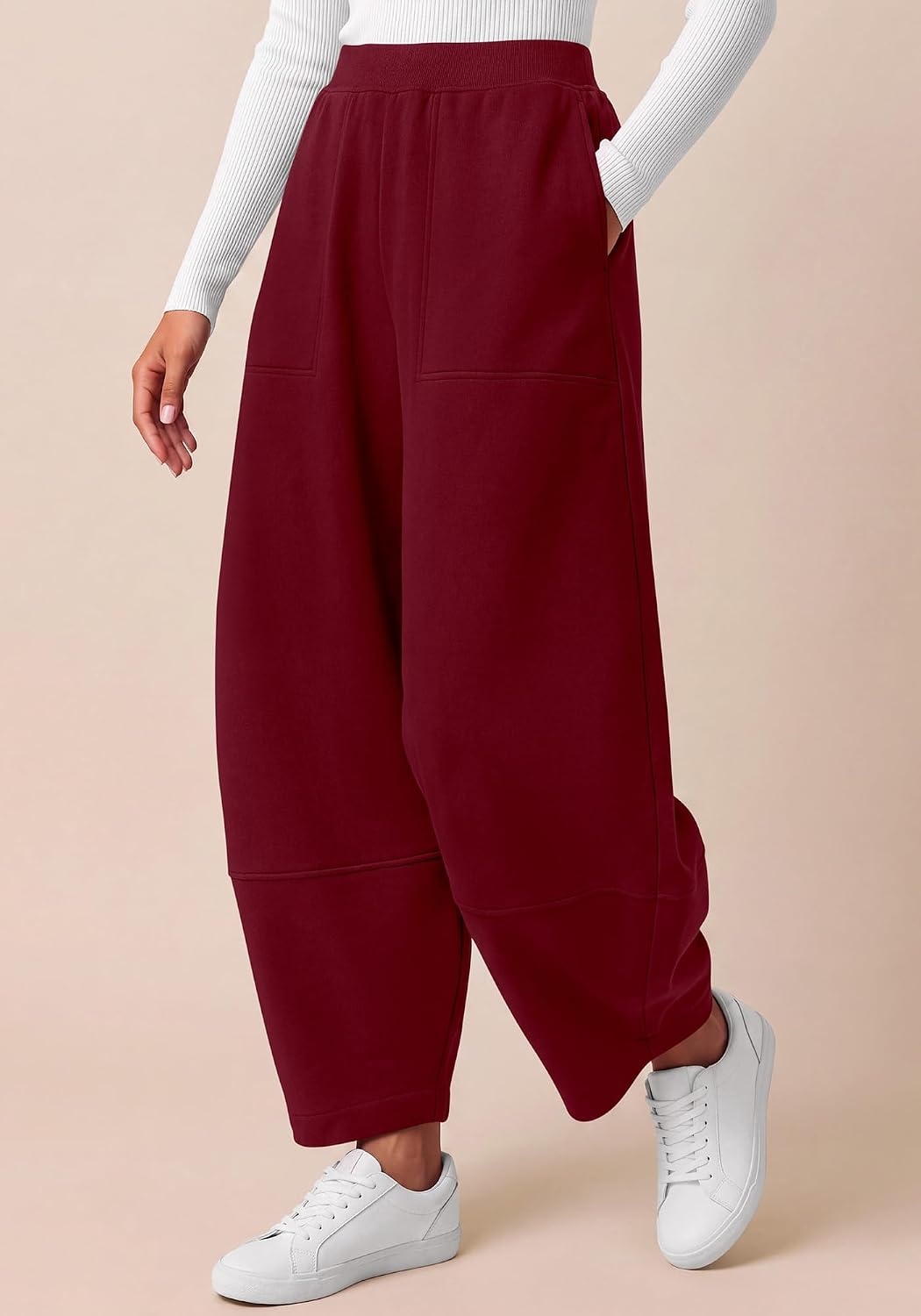 image:imageBTFBM Womens Capri Pants Wide Leg Palazzo Fleece Harem Barrel SweatpantsBurgundy