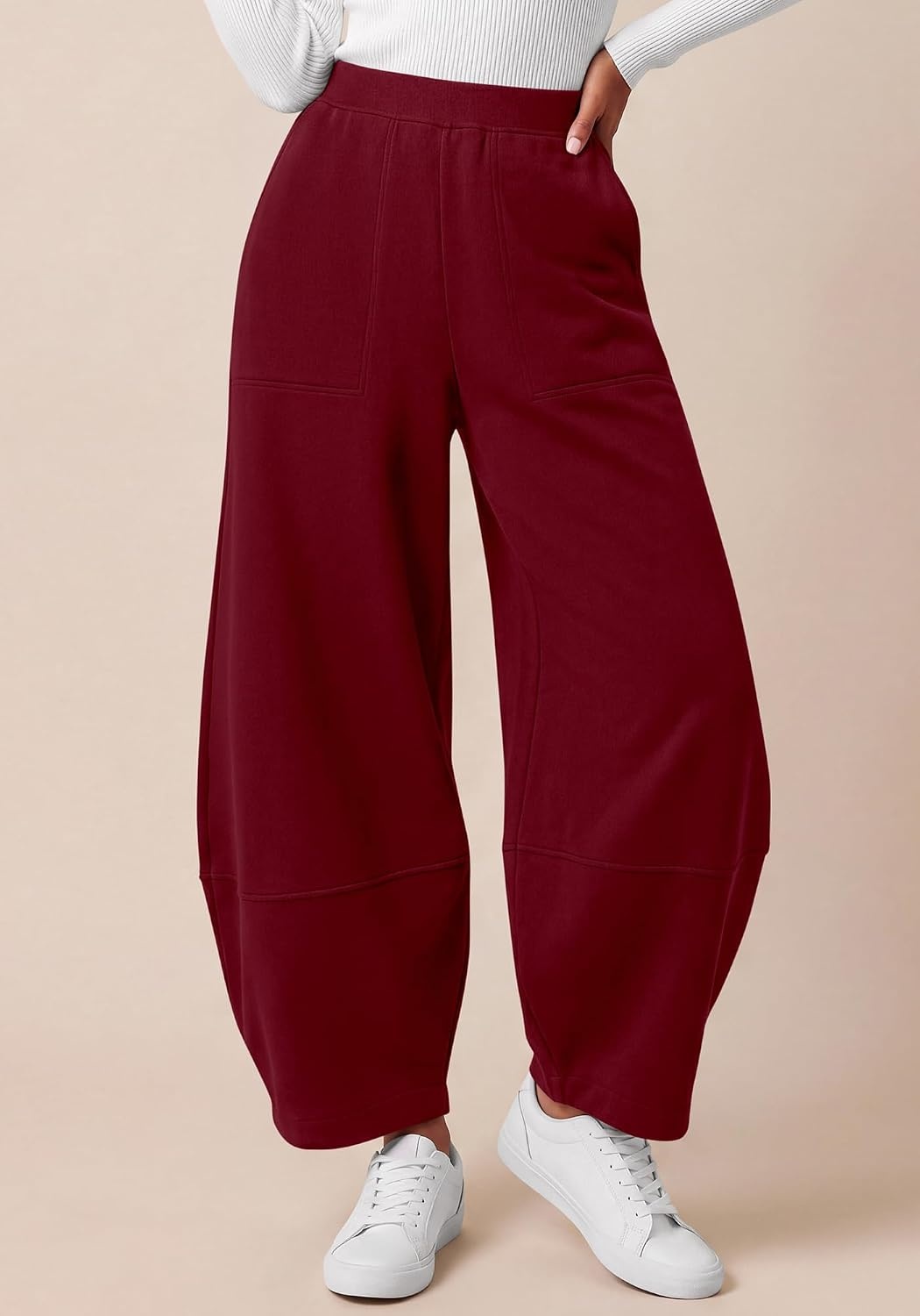 image:imageBTFBM Womens Capri Pants Wide Leg Palazzo Fleece Harem Barrel SweatpantsBurgundy